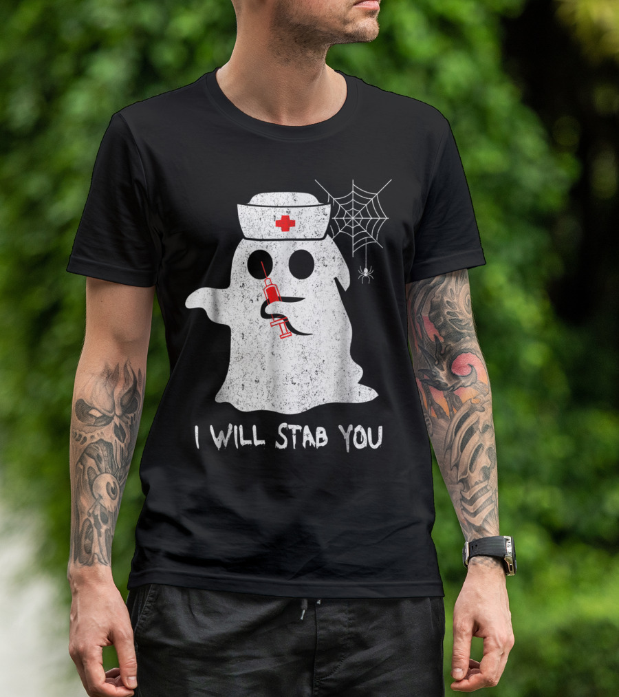 I Will Stab You Nurse Ghost Syringe Spiderweb T-Shirt