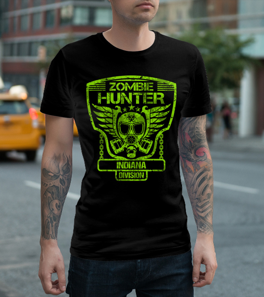 Zombie Hunter Indiana Division Gas Mask Winged Badge T-Shirt