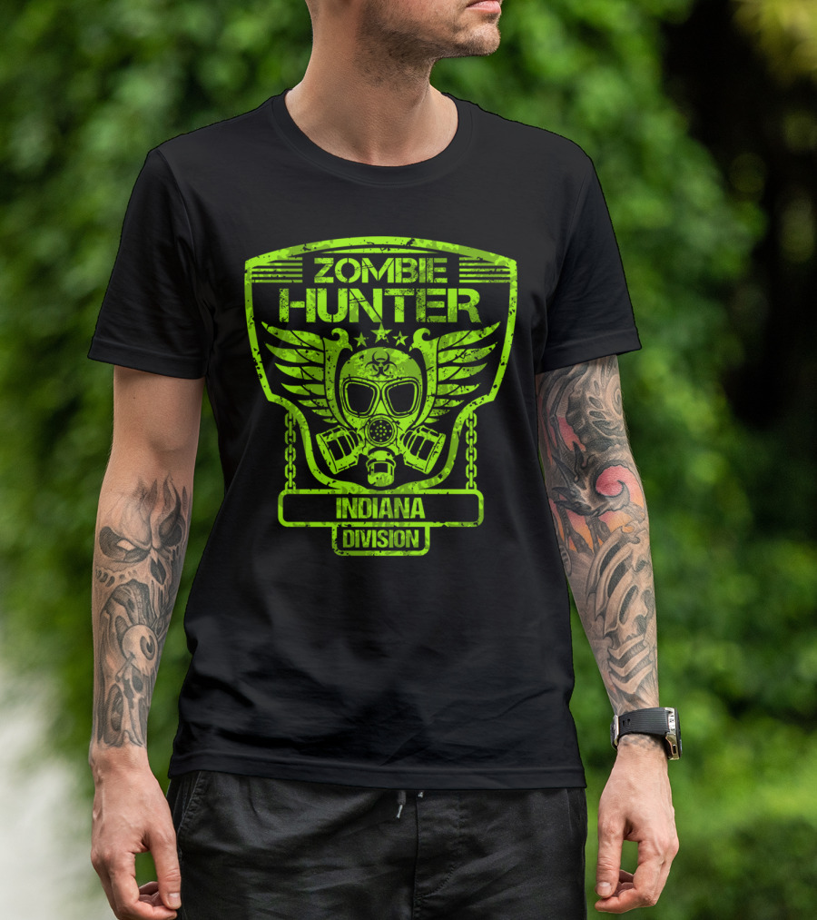 Zombie Hunter Indiana Division Gas Mask Winged Badge T-Shirt