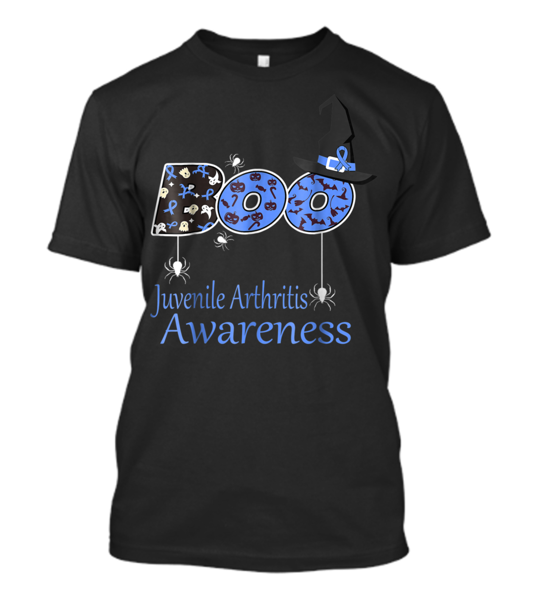 Juvenile Arthritis Awareness Boo Halloween Themed Design With Spiders And Witch Hat T-Shirt