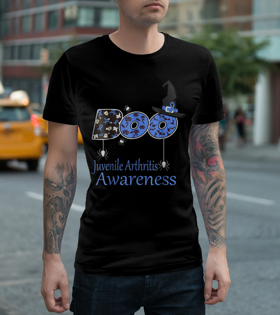 Juvenile Arthritis Awareness Boo Halloween Themed Design With Spiders And Witch Hat T-Shirt