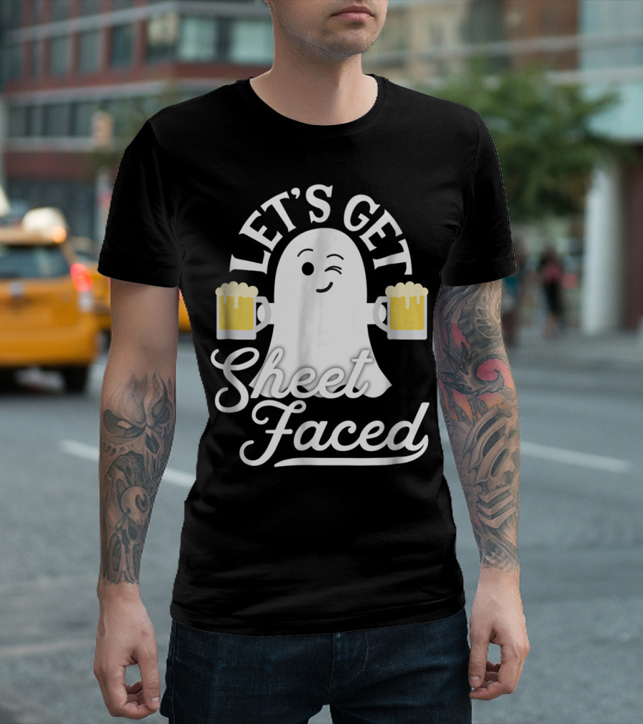 Let's Get Sheet Faced Ghost Holding Beer Mugs Halloween Fun T-Shirt