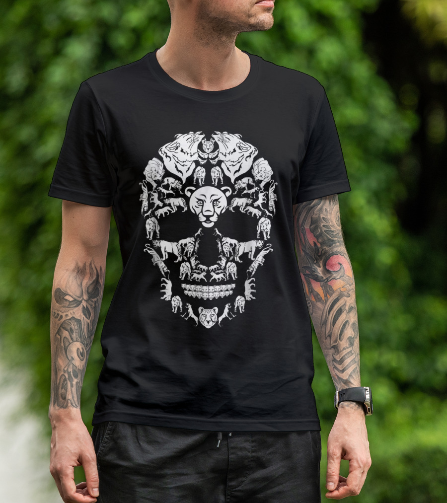 Lioness Skull Skeleton Artful Lion And Lioness Face Tiger Jaguar Panther And Animal Arrangement T-Shirt