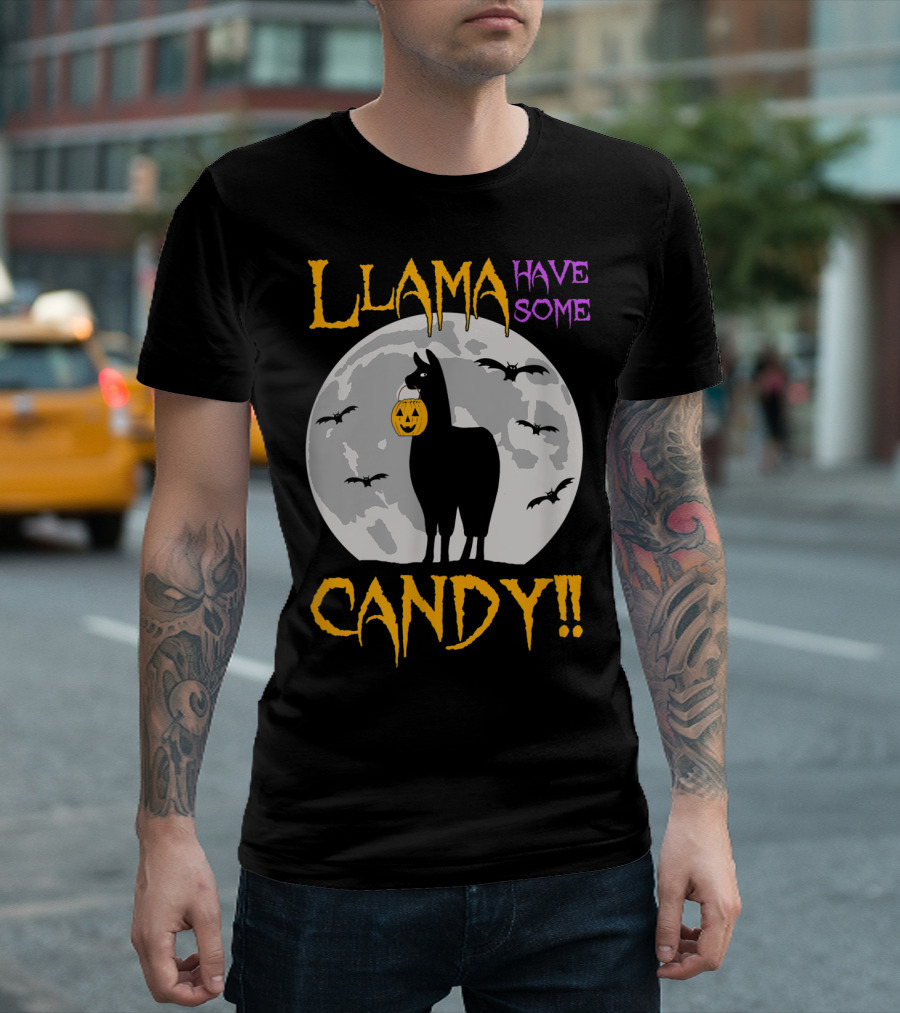 Llama Have Some Candy Moon Silhouette With Bats T-Shirt