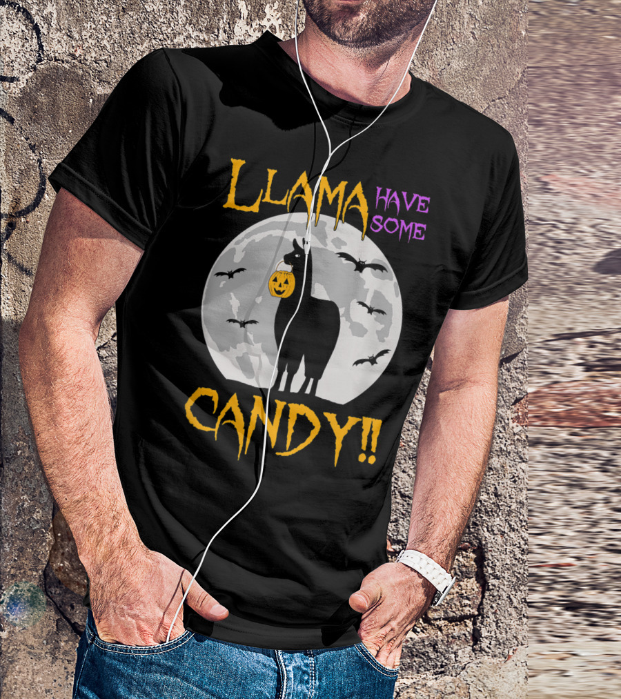 Llama Have Some Candy Moon Silhouette With Bats T-Shirt