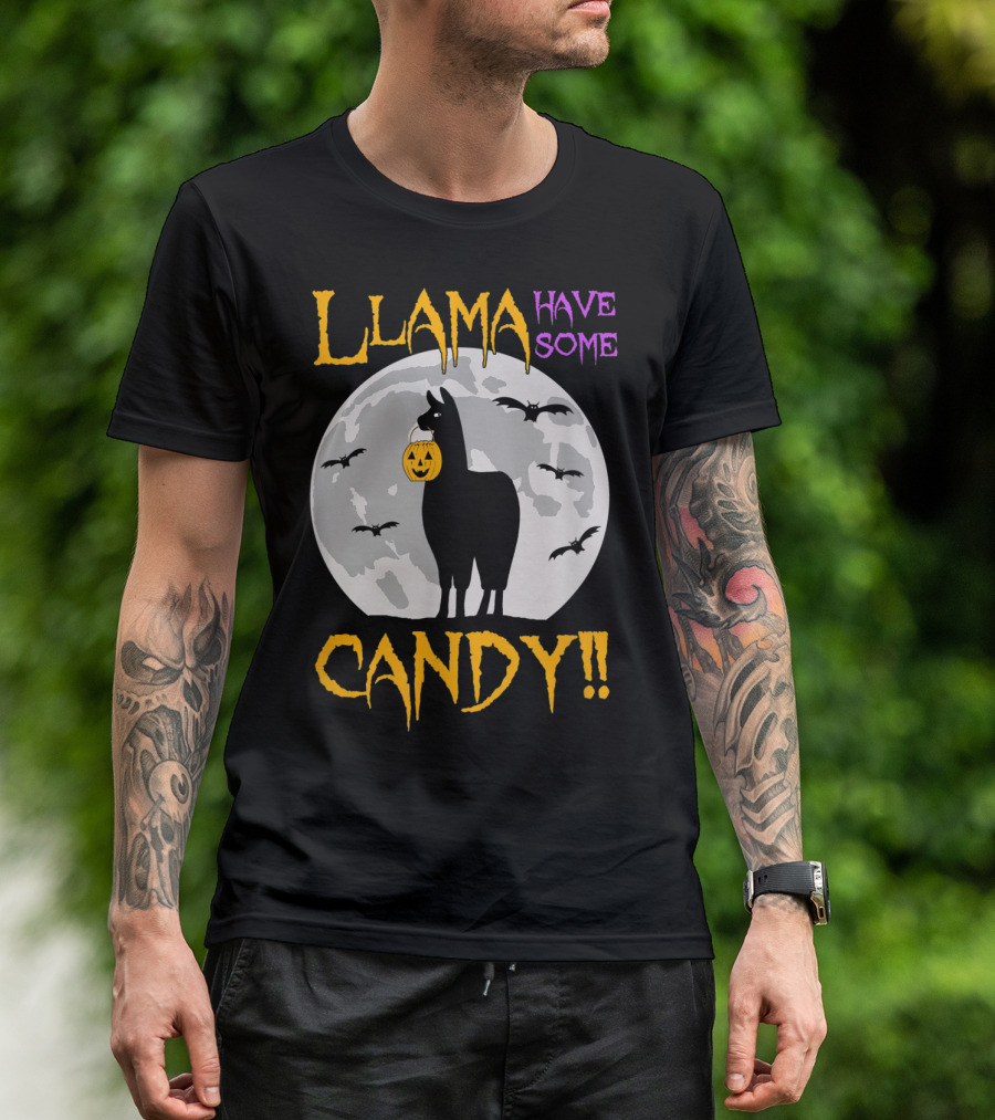 Llama Have Some Candy Moon Silhouette With Bats T-Shirt