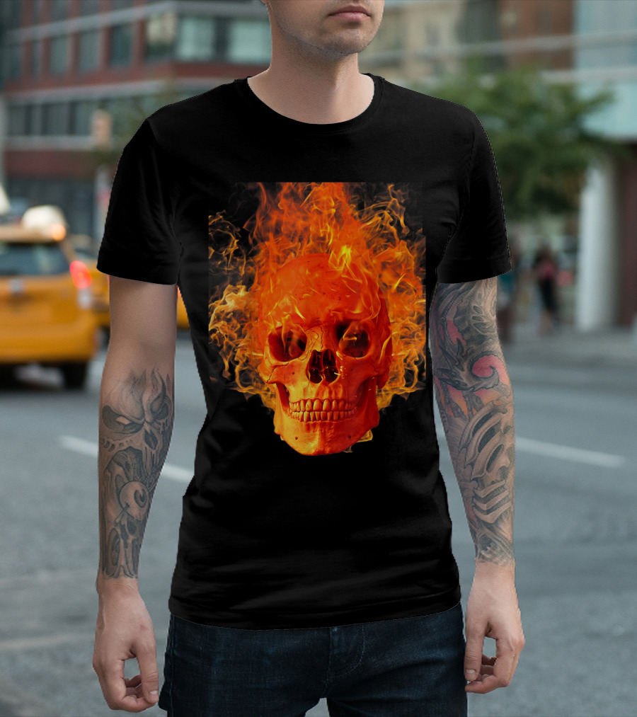 Men's Fiery Skull Day Of Dead Sugar Skulls And Roses T-Shirt