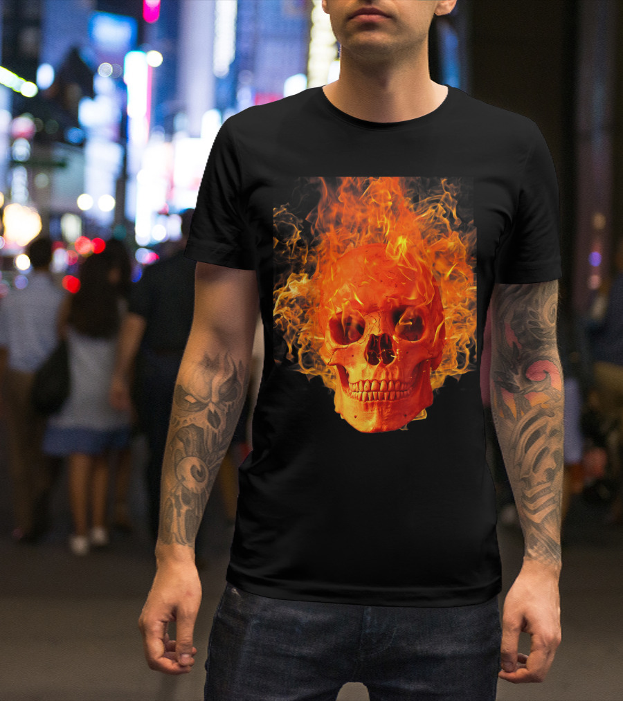Men's Fiery Skull Day Of Dead Sugar Skulls And Roses T-Shirt