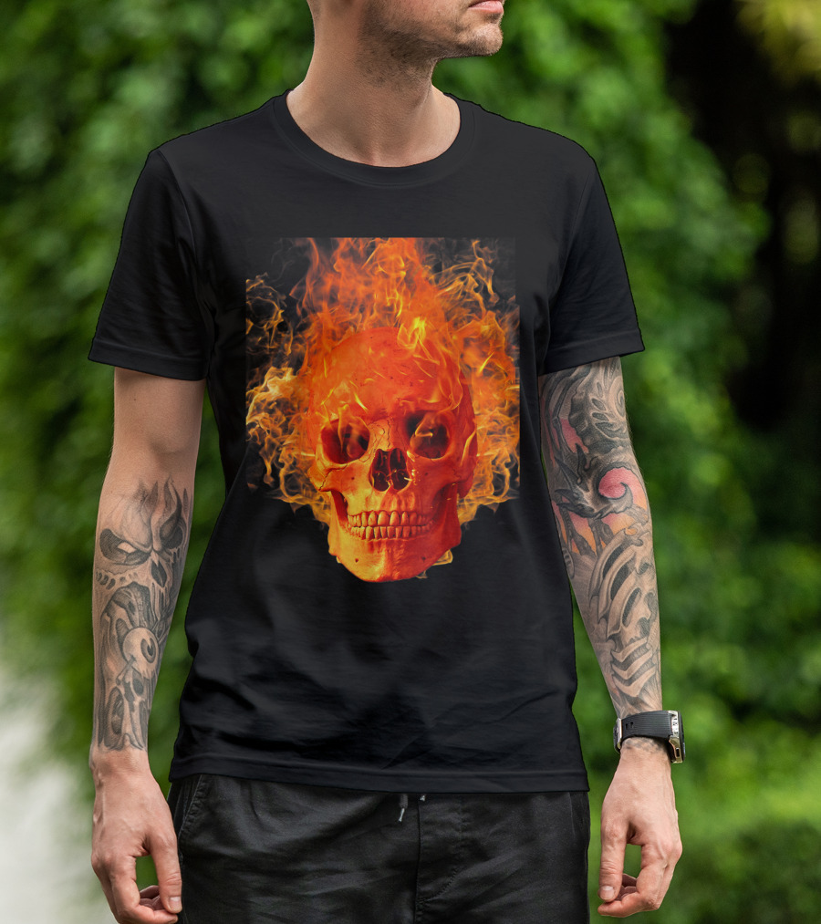 Men's Fiery Skull Day Of Dead Sugar Skulls And Roses T-Shirt