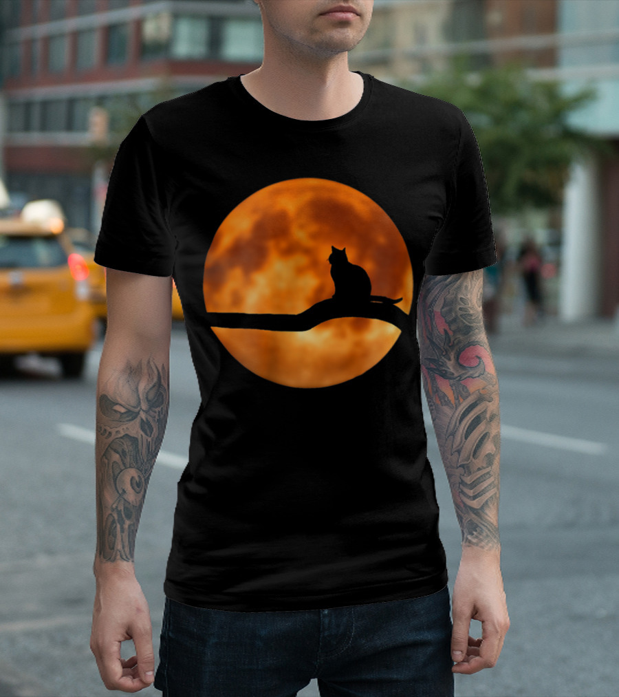 Mercurial Halloween Cat Silhouette Against Full Moon T-Shirt