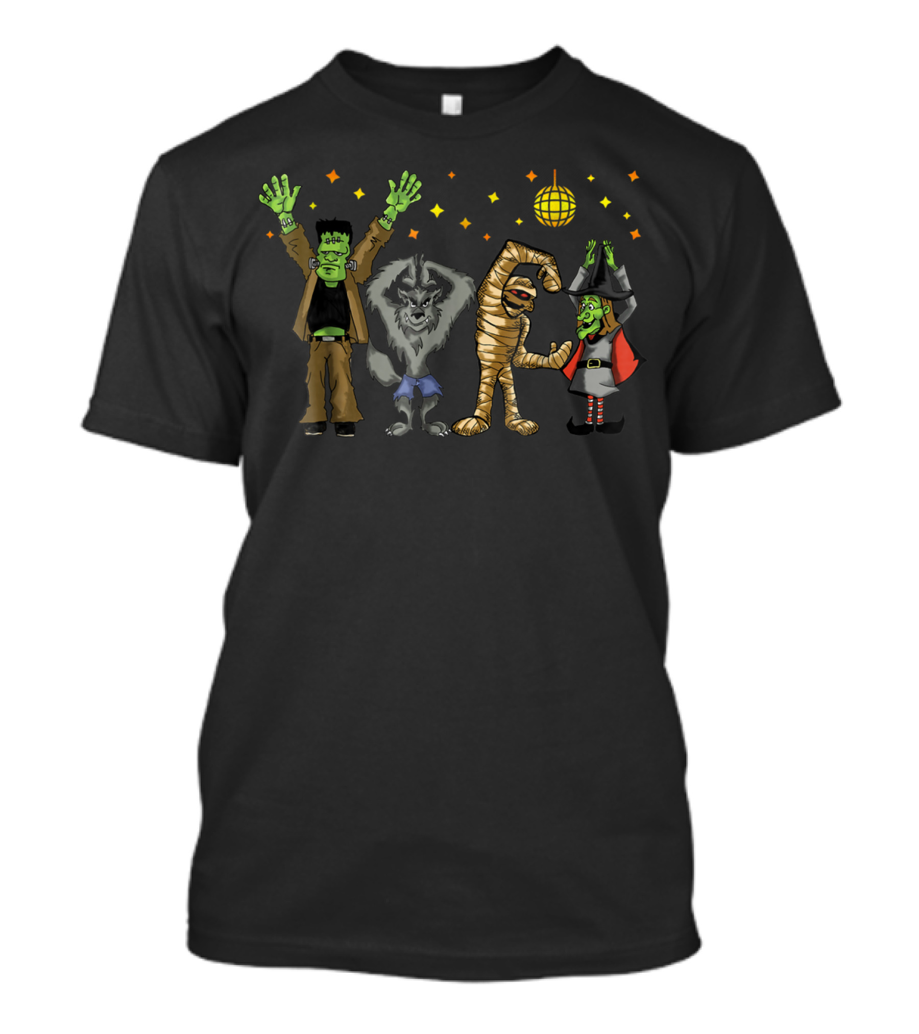 Monster Mash Disco Dance Party Halloween Group Frankenstein Werewolf Mummy Witch T-Shirt