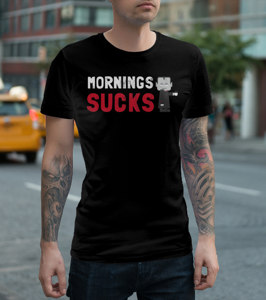 Mornings Suck Cute Vampire Holding Coffee Cup T-Shirt