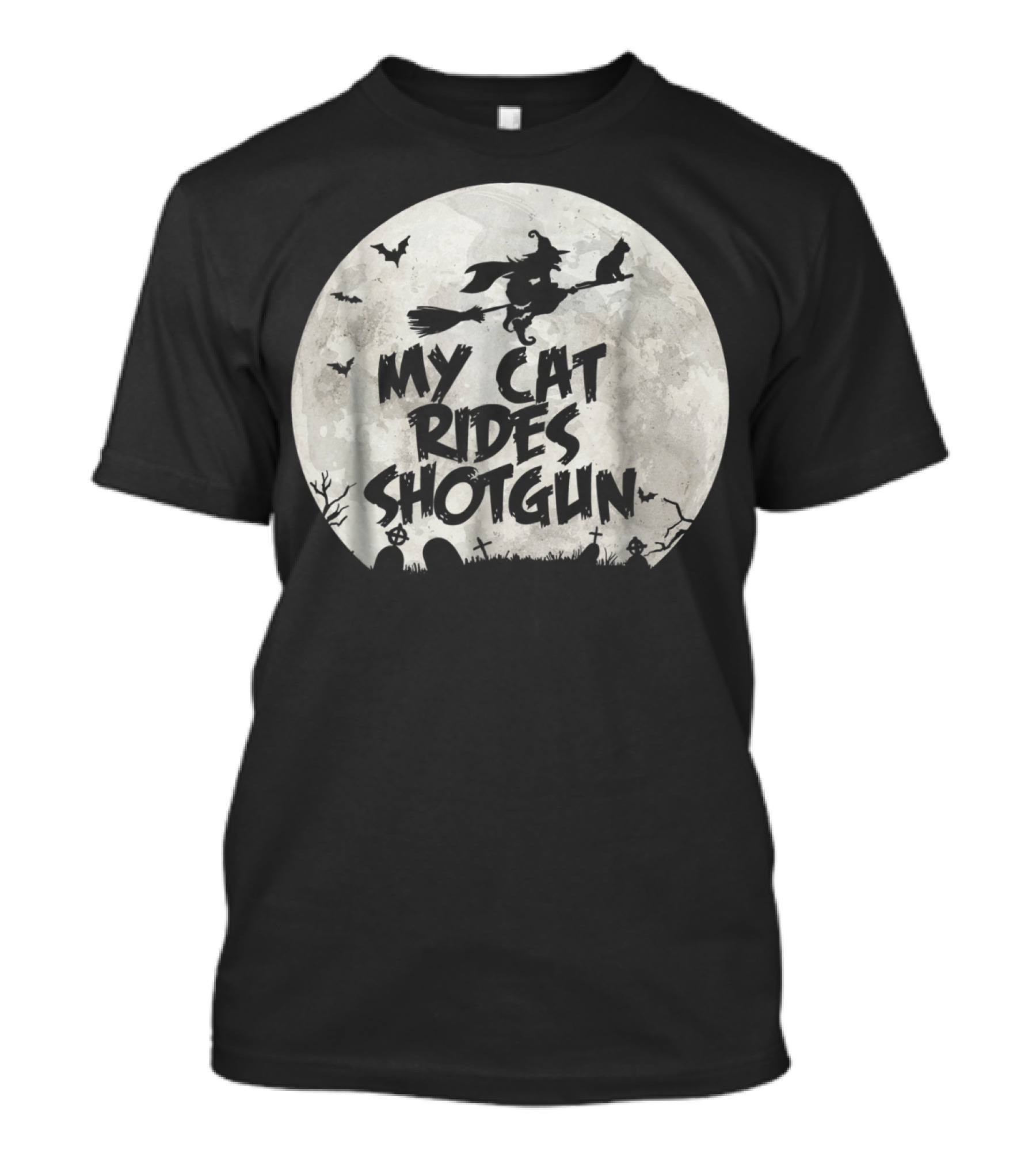 My Cat Rides Shotgun Witch Broomstick Halloween Moon Scene T-Shirt