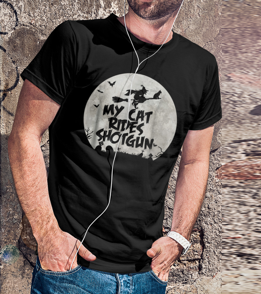 My Cat Rides Shotgun Witch Broomstick Halloween Moon Scene T-Shirt