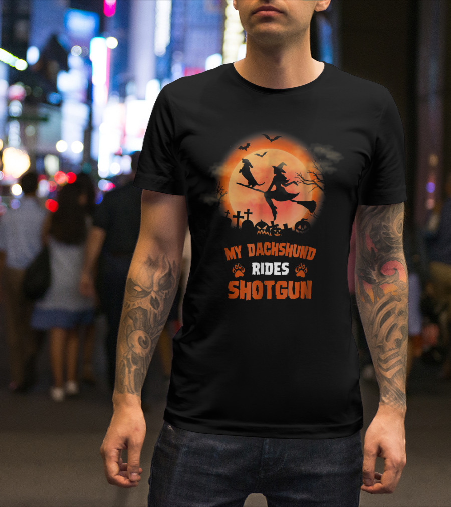 My Dachshund Rides Shotgun Halloween Witch Broom Graveyard T-Shirt