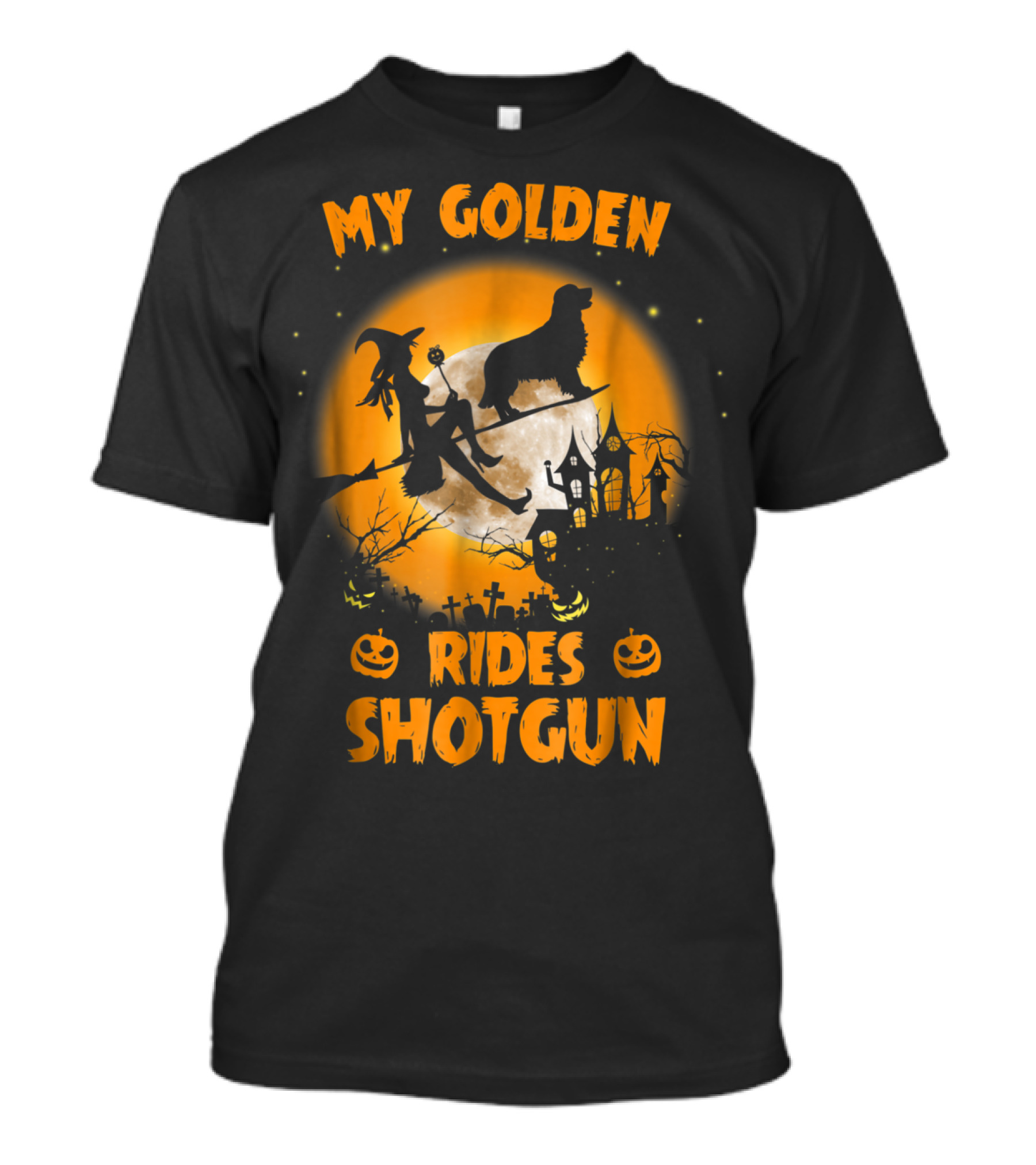 Halloween Witch And Golden Retriever Rides Shotgun Moonlit Scene T-Shirt