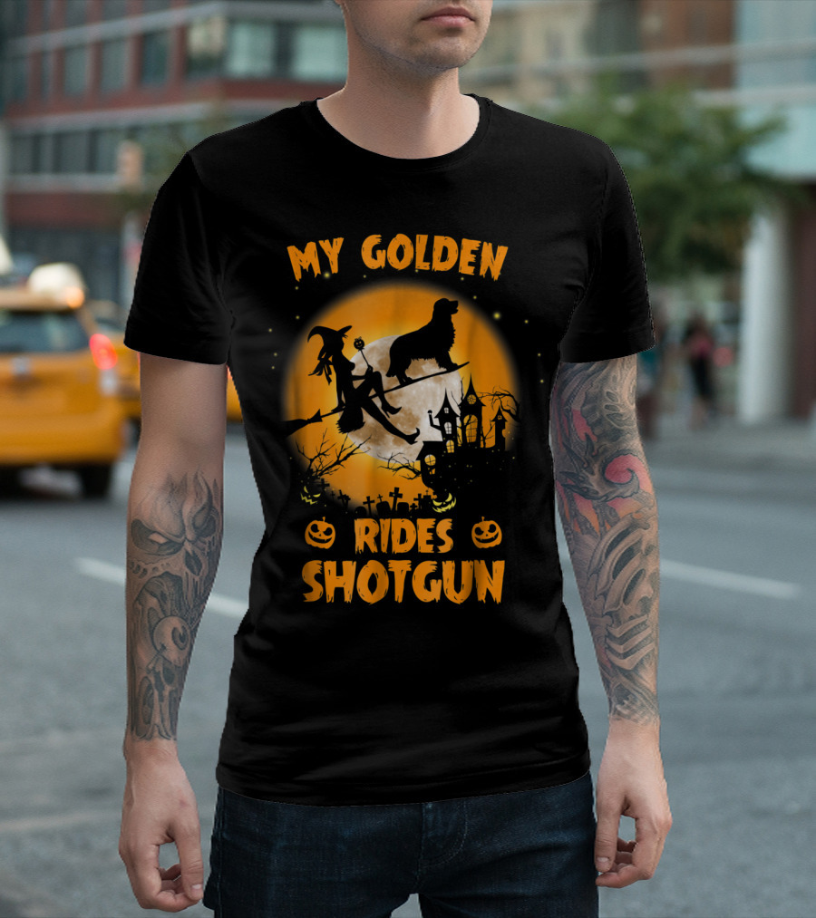Halloween Witch And Golden Retriever Rides Shotgun Moonlit Scene T-Shirt