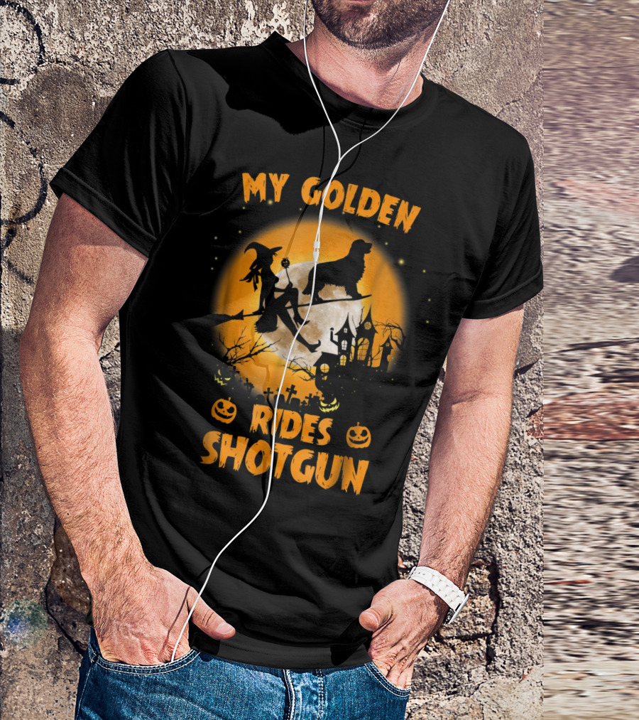 Halloween Witch And Golden Retriever Rides Shotgun Moonlit Scene T-Shirt