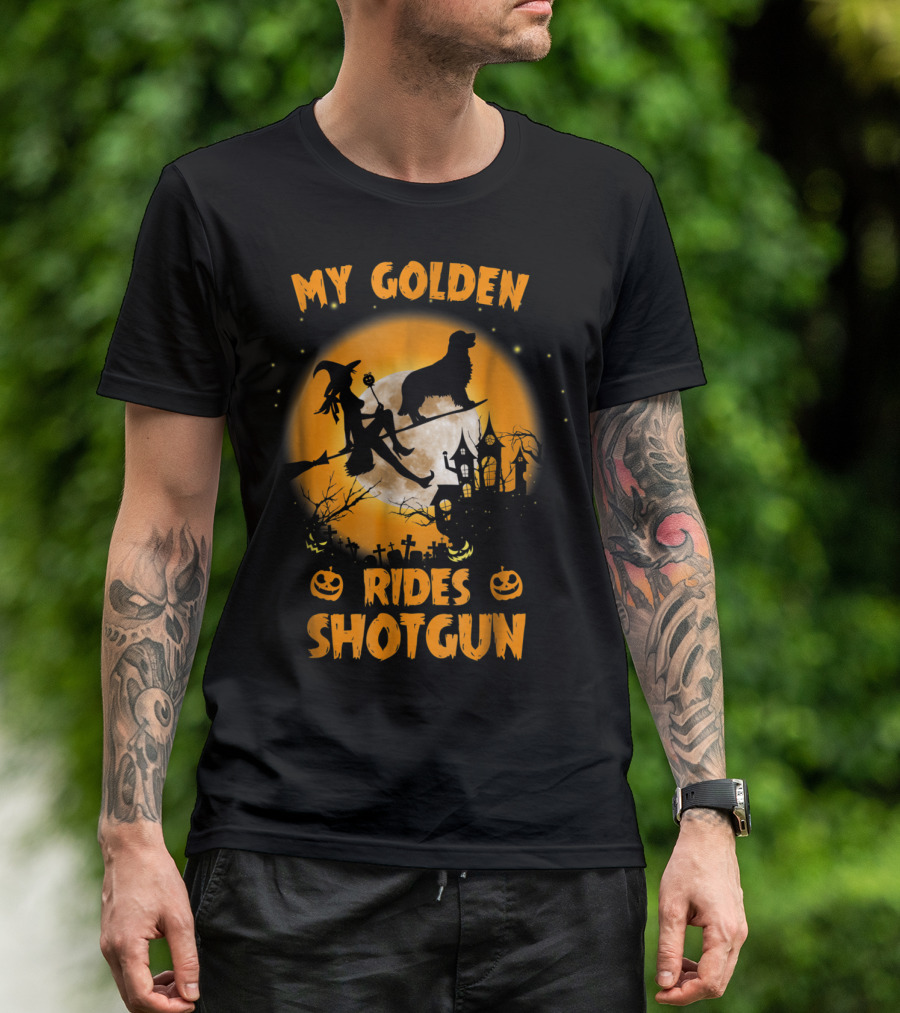 Halloween Witch And Golden Retriever Rides Shotgun Moonlit Scene T-Shirt