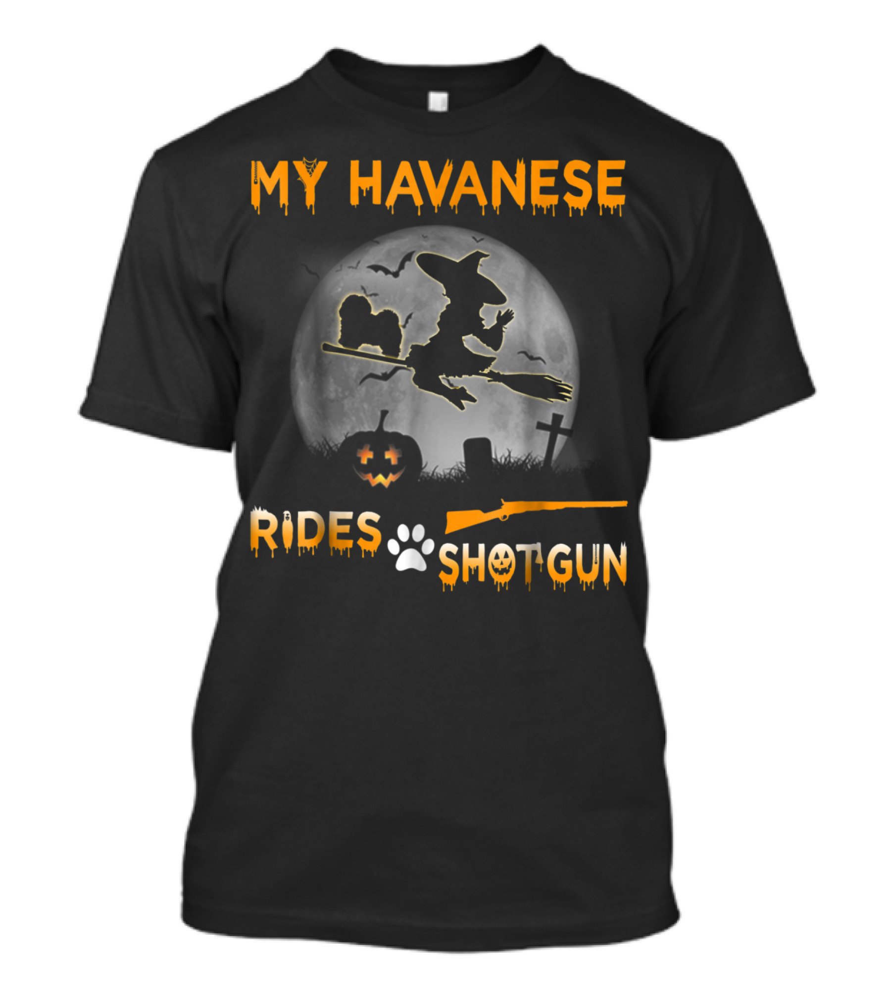 My Havanese Rides Shotgun Witch Broom Halloween Moon Pumpkin T-Shirt