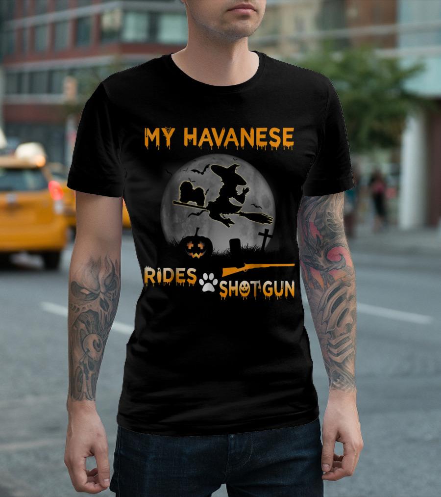 My Havanese Rides Shotgun Witch Broom Halloween Moon Pumpkin T-Shirt