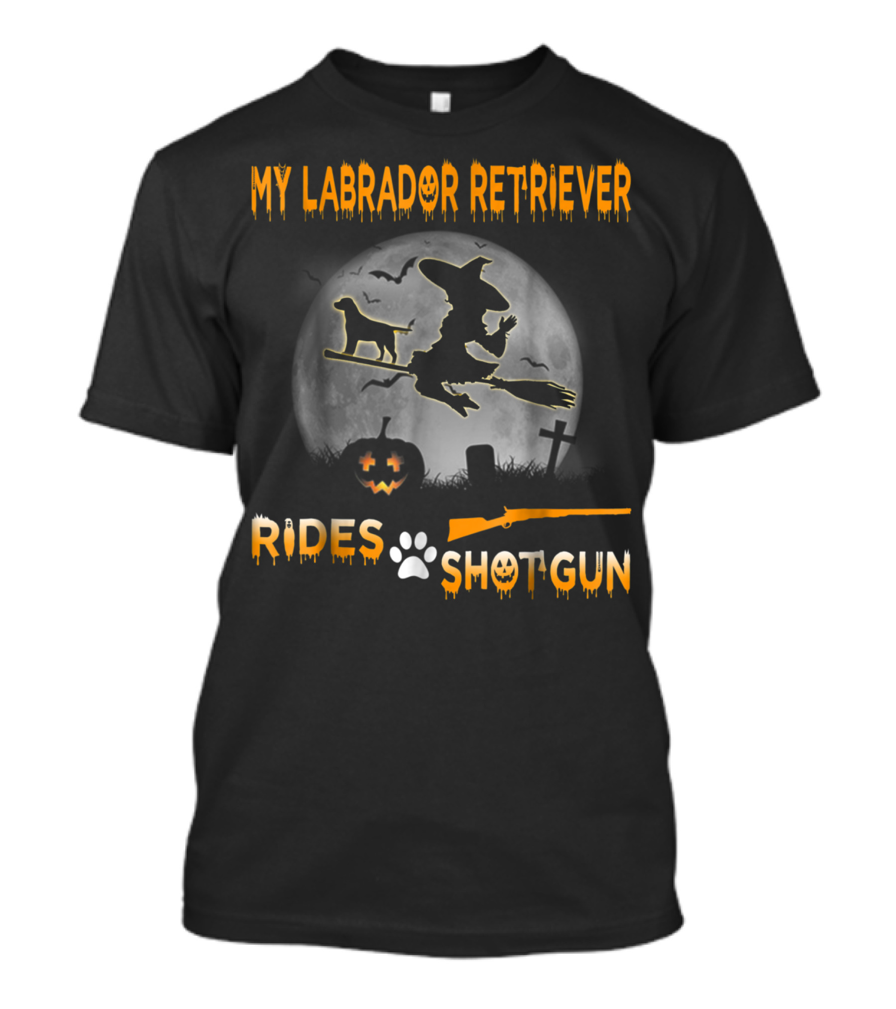 My Labrador Retriever Rides Shotgun Halloween Moon Witch Broomstick T-Shirt