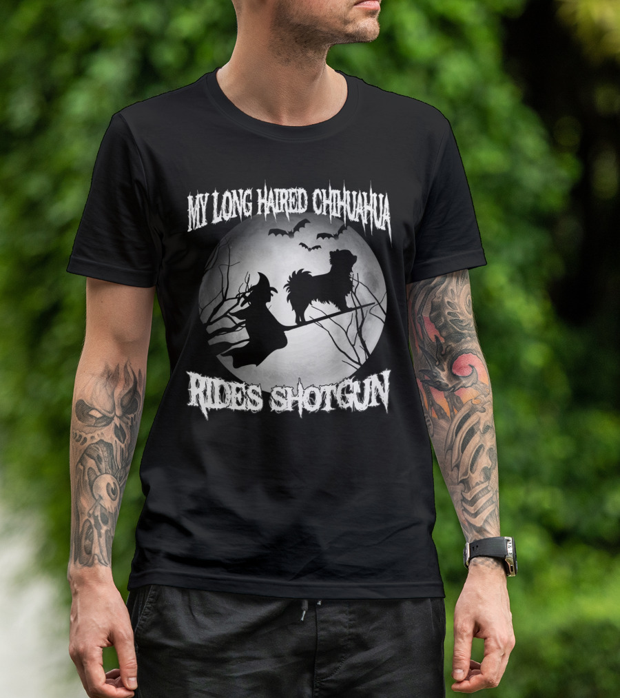 My Long Haired Chihuahua Rides Shotgun Witch Silhouette Moon Bats T-Shirt