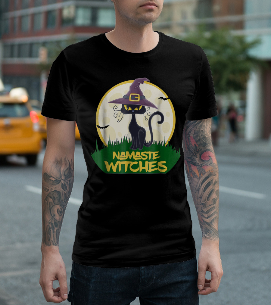 Namaste Witches Evil Black Cat Halloween Moon Bats Scene T-Shirt