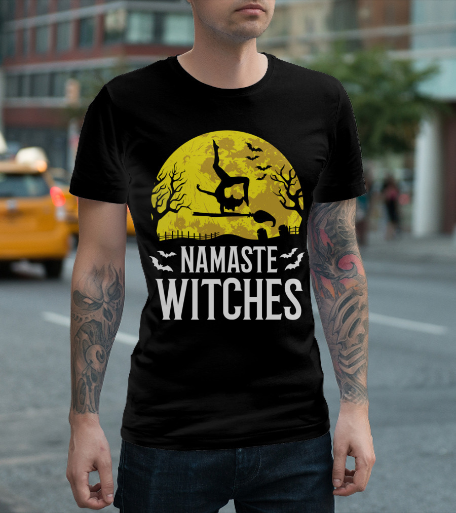 Namaste Witches Funny Yoga Halloween Moon Bats T-Shirt