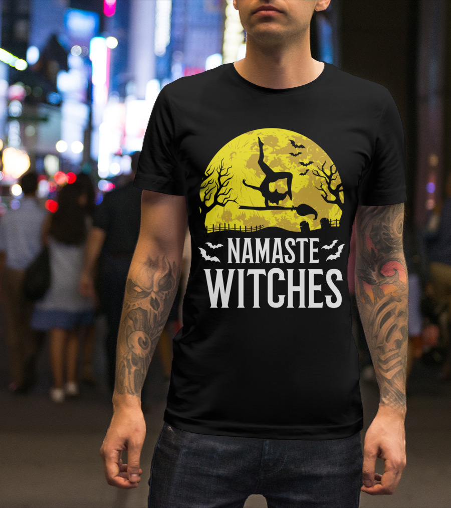 Namaste Witches Funny Yoga Halloween Moon Bats T-Shirt