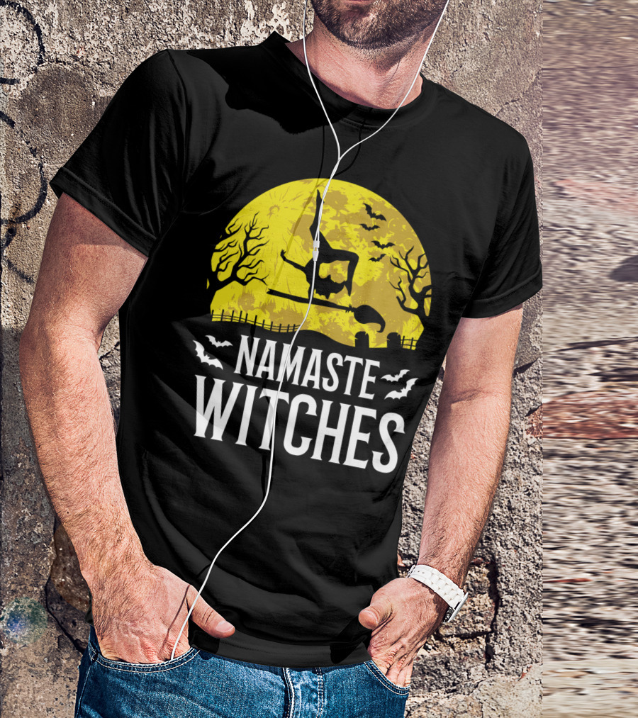 Namaste Witches Funny Yoga Halloween Moon Bats T-Shirt