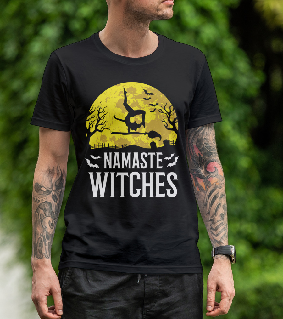 Namaste Witches Funny Yoga Halloween Moon Bats T-Shirt