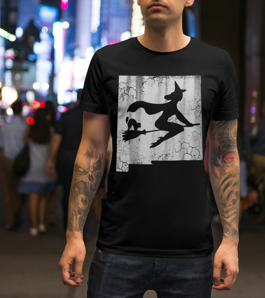 New Mexico Halloween Witch With Cat On Broom T-Shirt