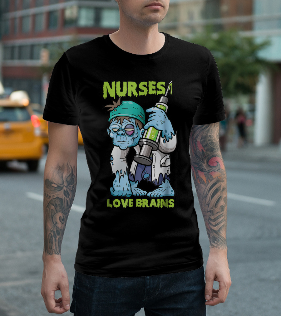 Nurse Halloween Nurses Love Brains Zombie Syringe T-Shirt
