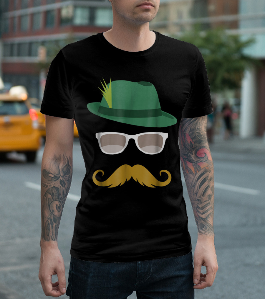 Oktoberfest Green Hat Mustache Glasses Face German T-Shirt