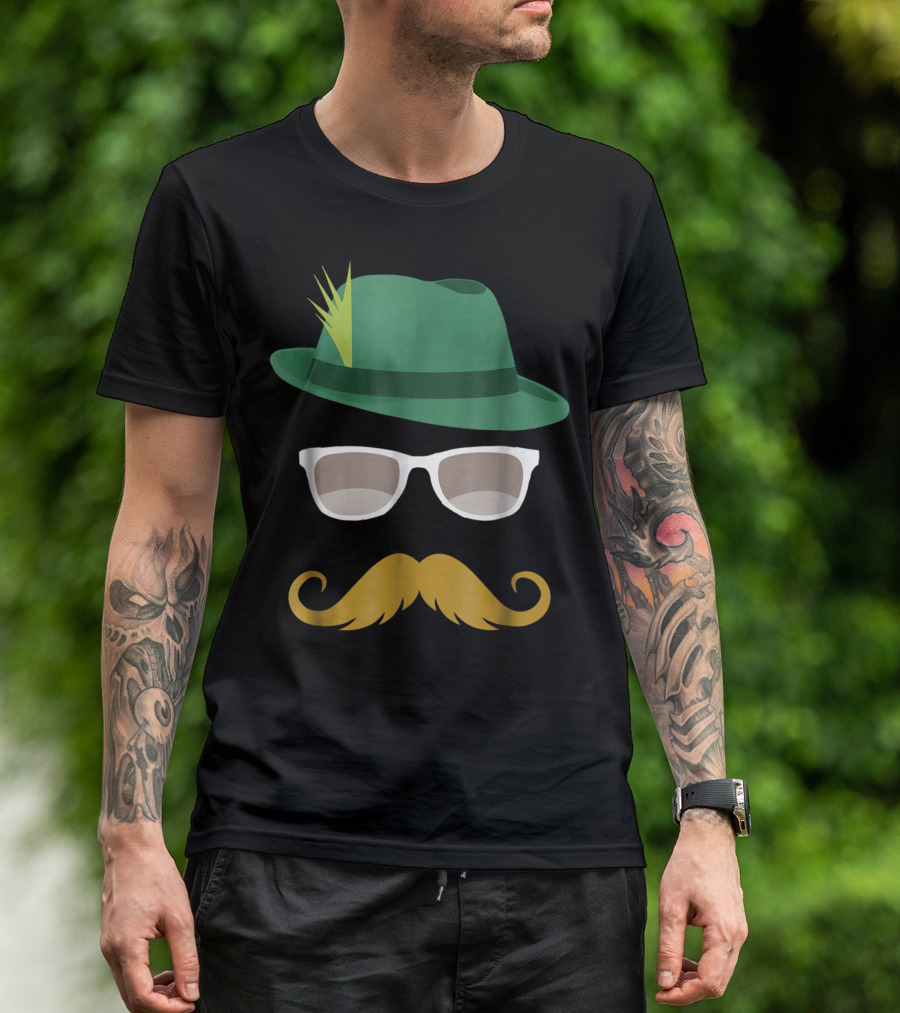 Oktoberfest Green Hat Mustache Glasses Face German T-Shirt