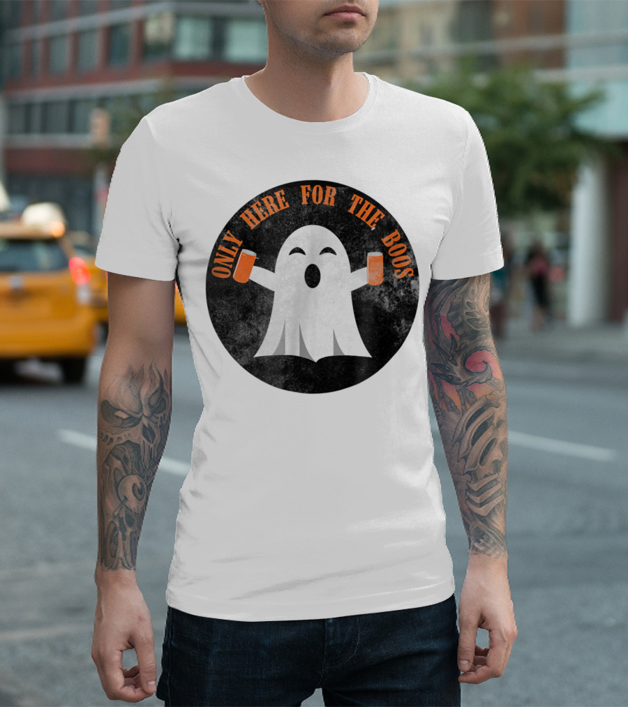 Only Here For The Boos Funny Ghost Holding Drinks T-Shirt
