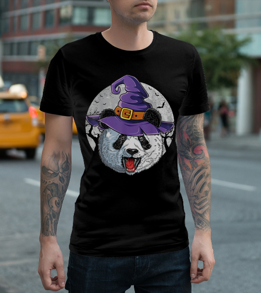 Panda Witch Halloween Spooky Hat and Full Moon T-Shirt