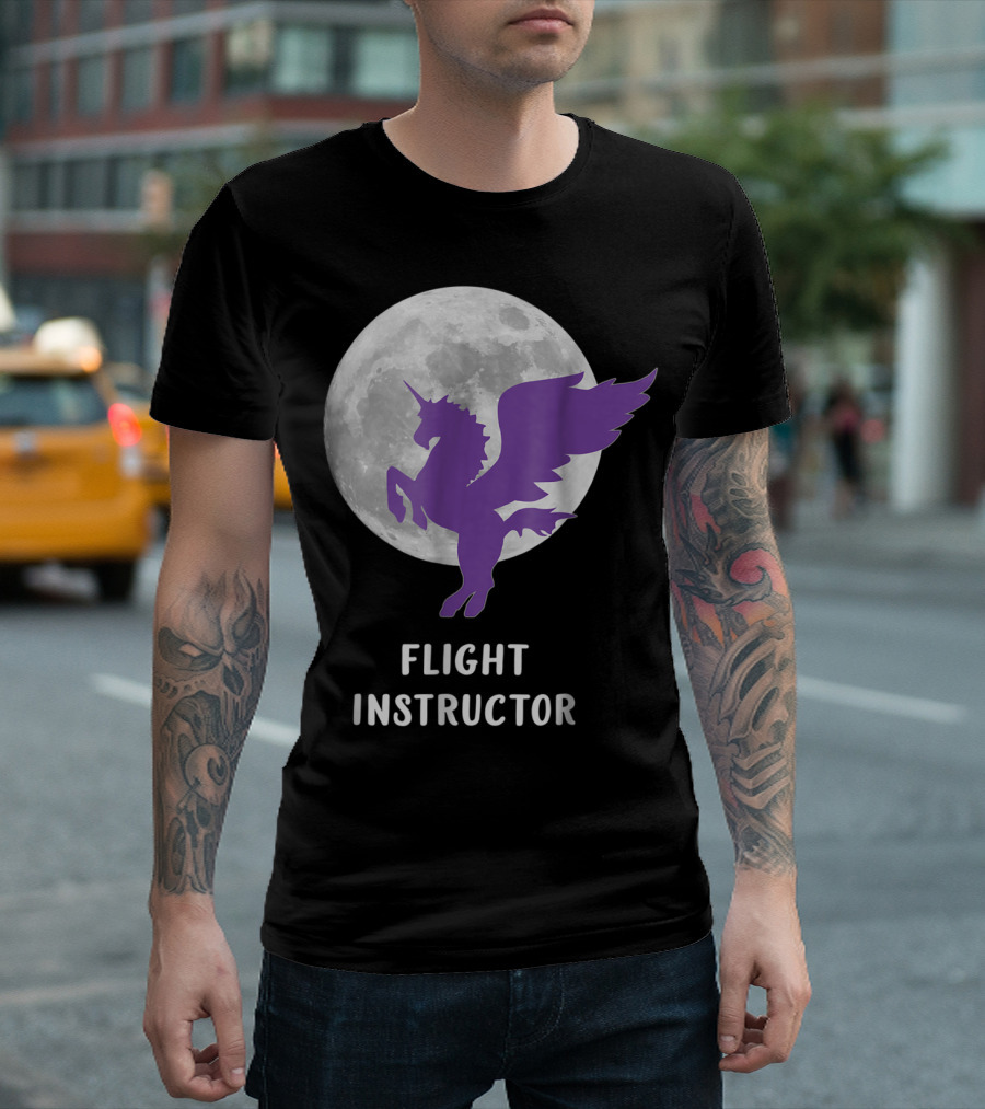 Pegasus Flight Instructor Flying Unicorn Moon Scene T-Shirt