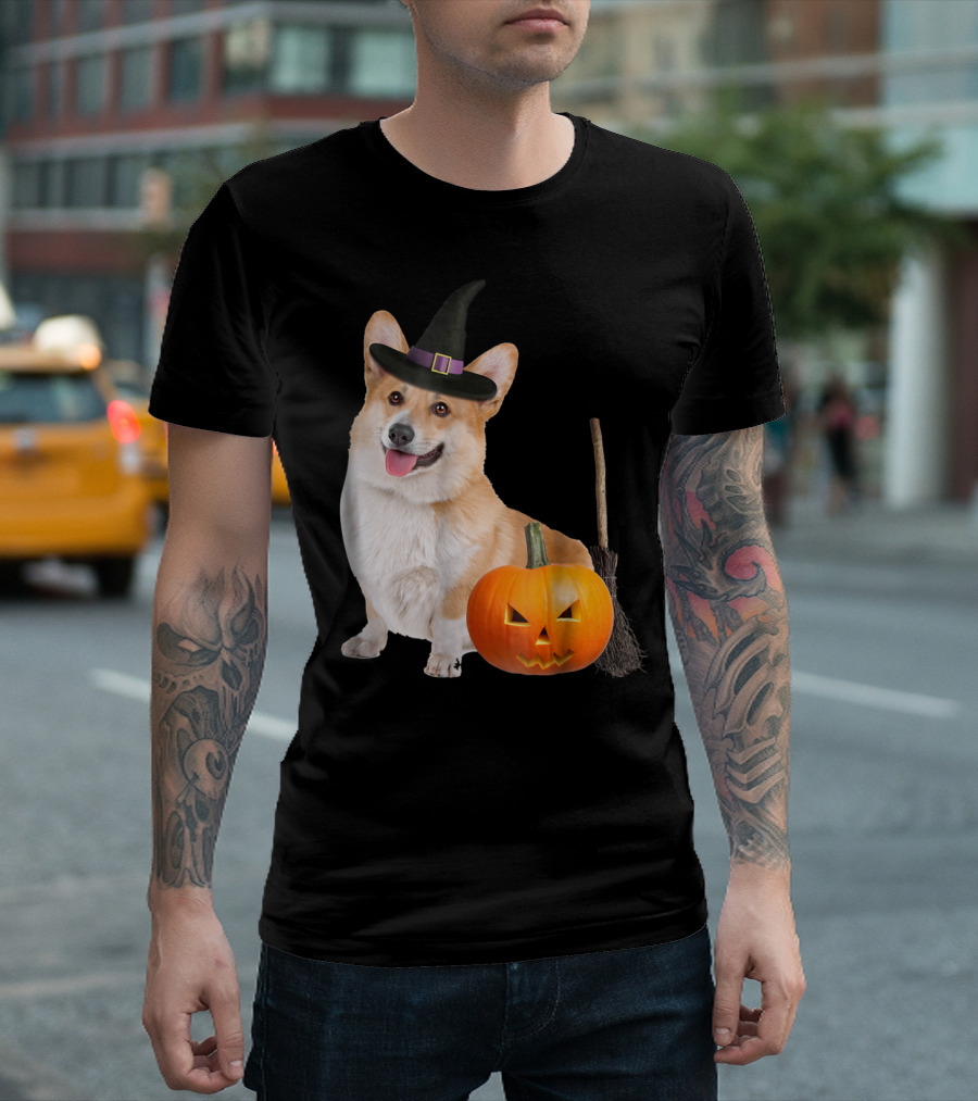Pembroke Welsh Corgi Witch Hat Halloween Dog Pumpkin Broom T-Shirt