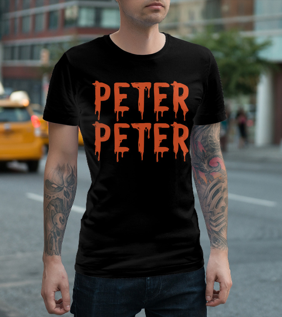 Peter Peter Pumpkin Eater Couples Halloween Dripping Orange Text T-Shirt
