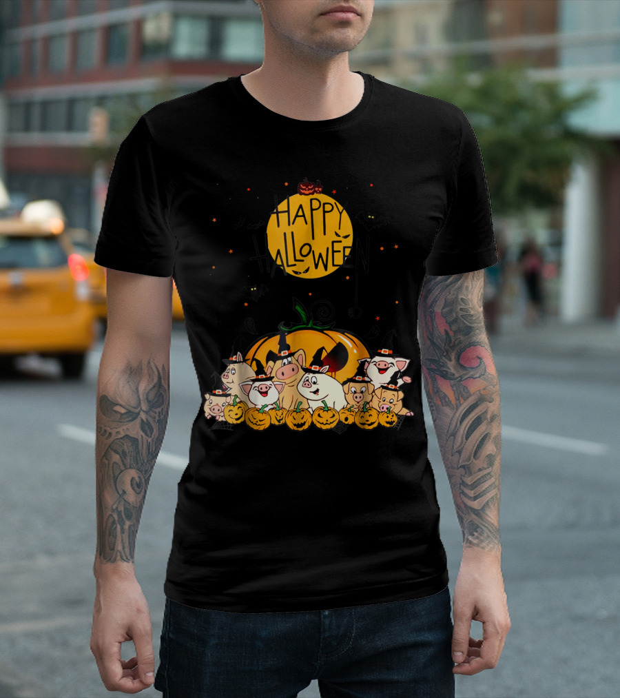Happy Halloween Pigs Pumpkin Bats T-Shirt