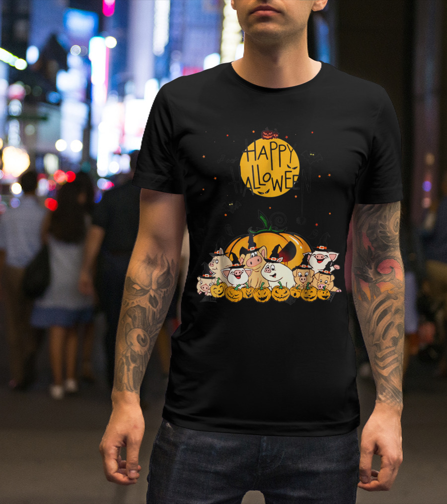 Happy Halloween Pigs Pumpkin Bats T-Shirt