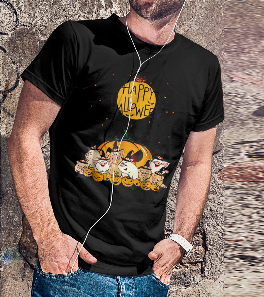 Happy Halloween Pigs Pumpkin Bats T-Shirt