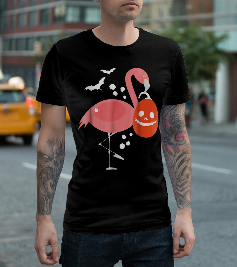 Pink Flamingo Halloween Bat Pumpkin Spider T-Shirt