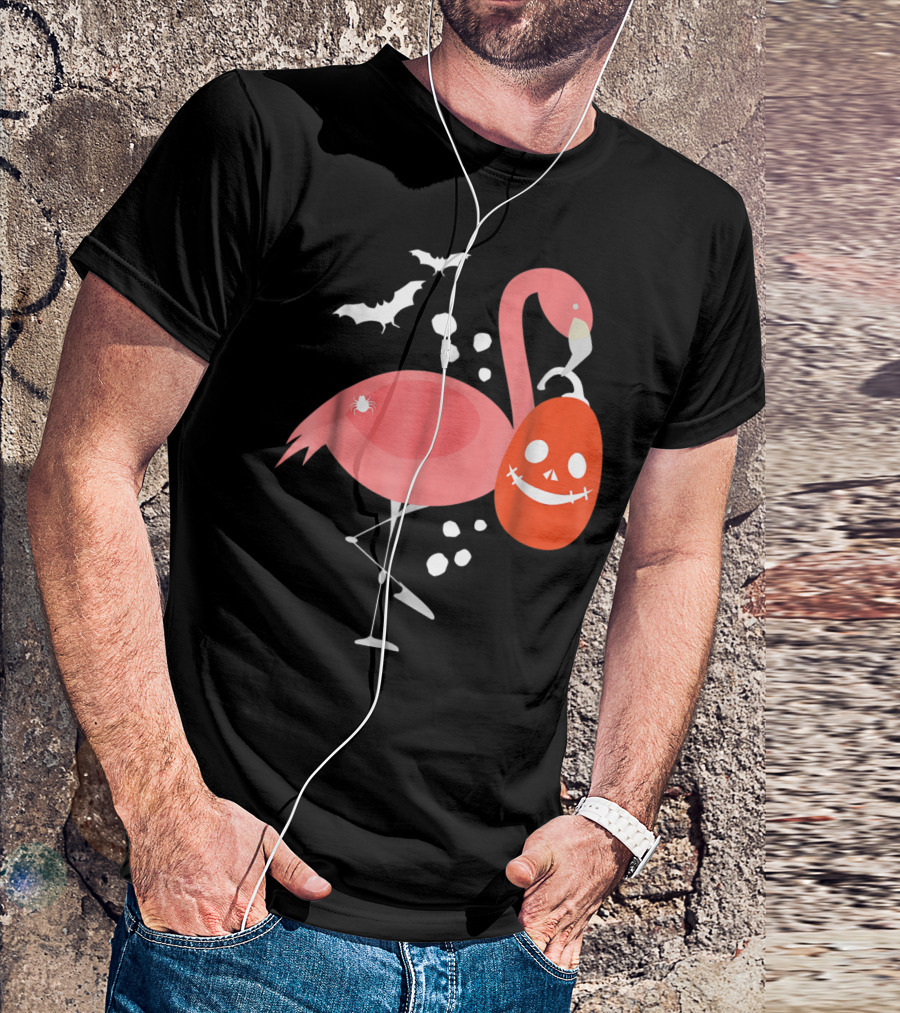 Pink Flamingo Halloween Bat Pumpkin Spider T-Shirt
