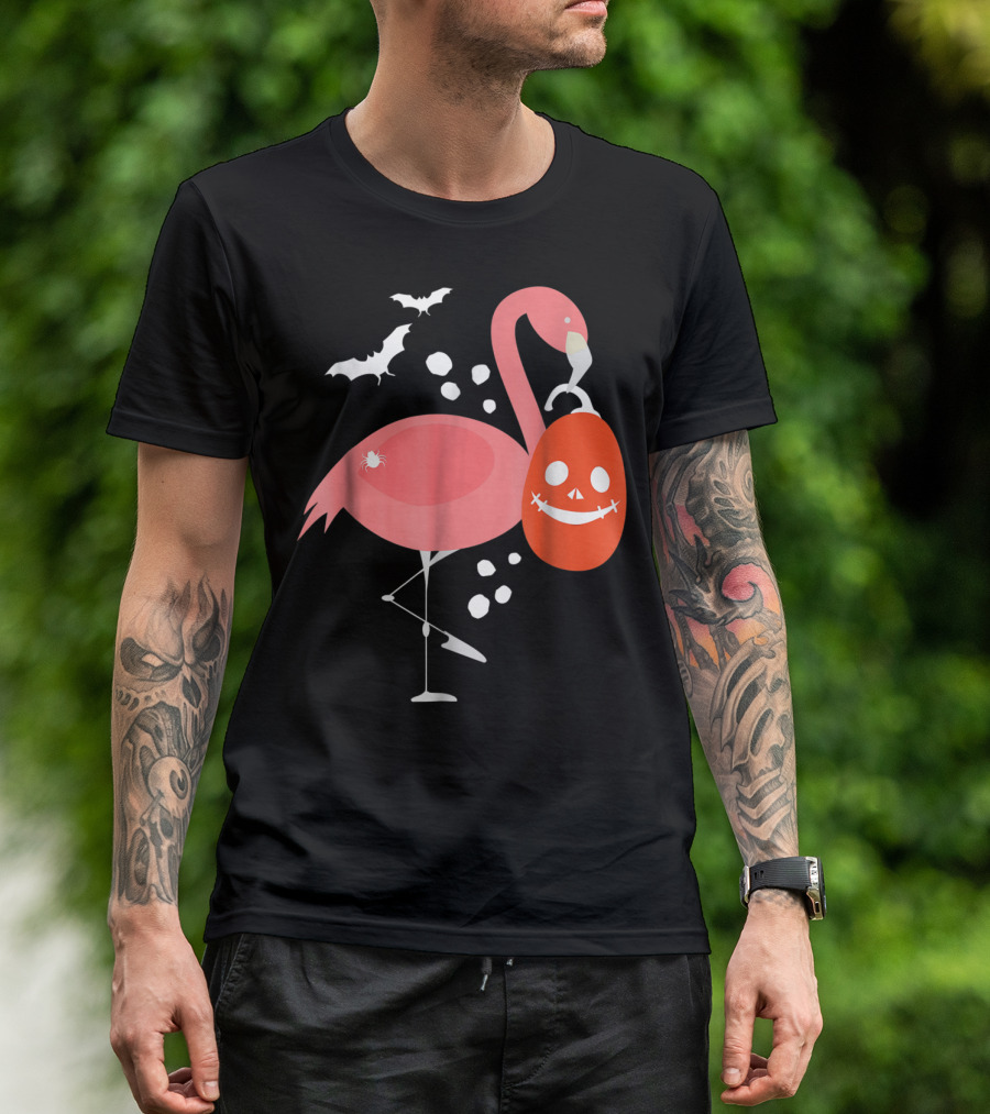 Pink Flamingo Halloween Bat Pumpkin Spider T-Shirt