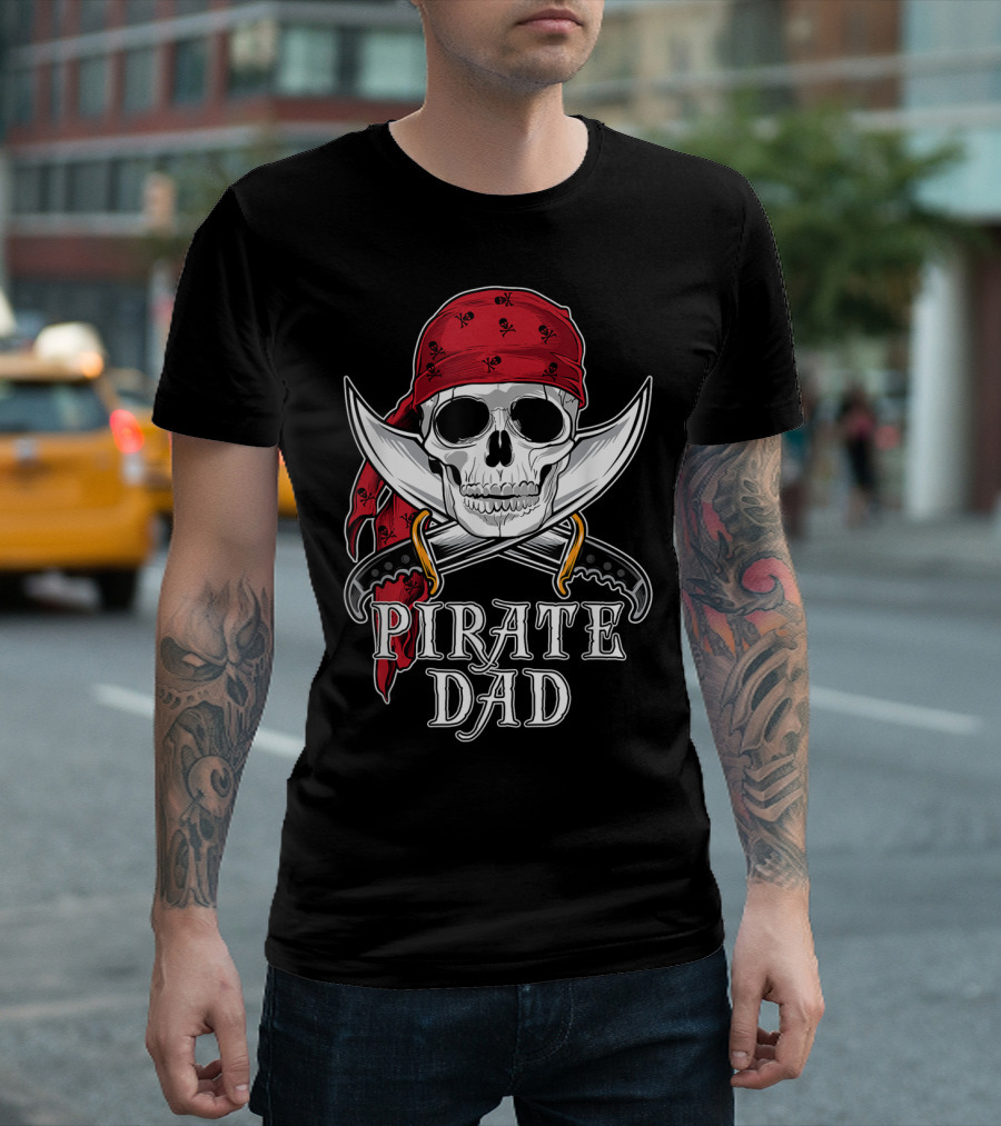Pirate Dad Skull With Bandana And Swords For Halloween T-Shirt