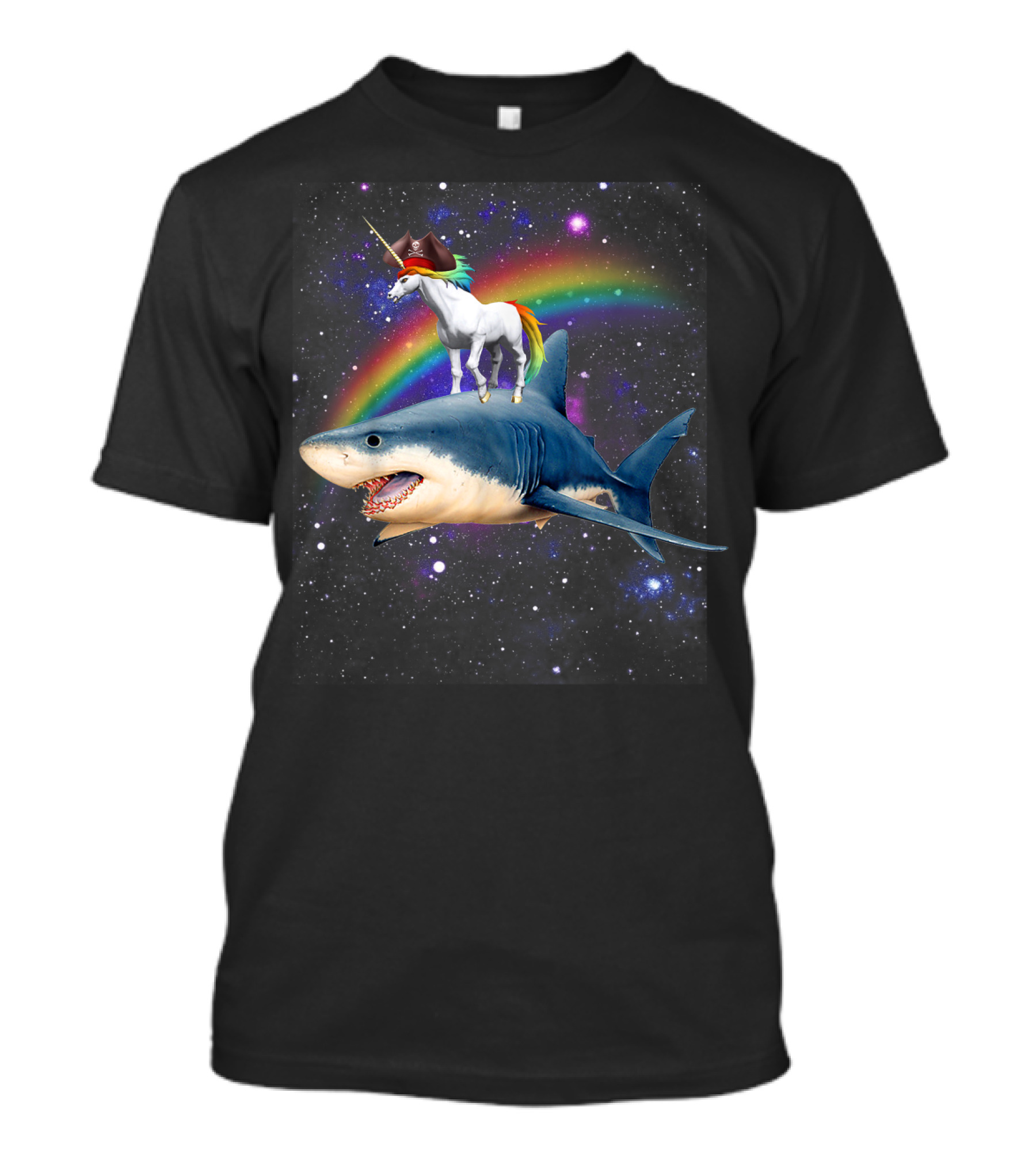 Pirate Day And Halloween Space Pirate Unicorn Riding Shark In Rainbow Galaxy T-Shirt