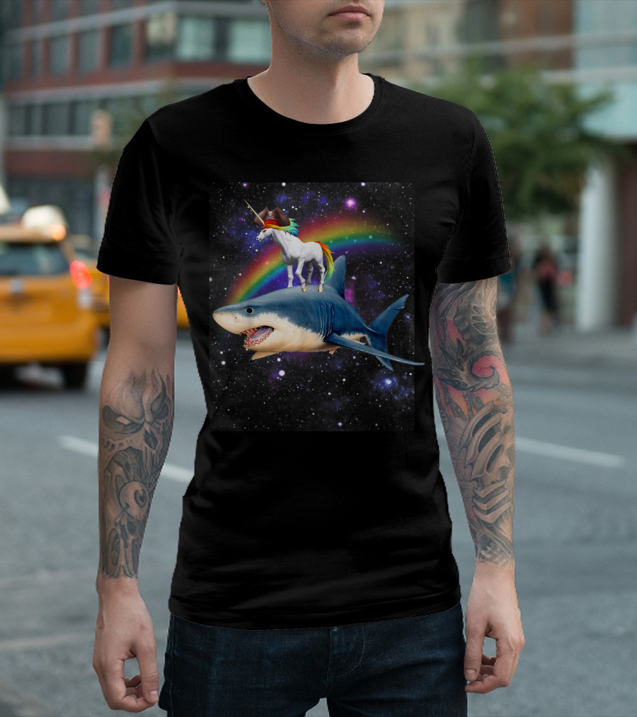 Pirate Day And Halloween Space Pirate Unicorn Riding Shark In Rainbow Galaxy T-Shirt